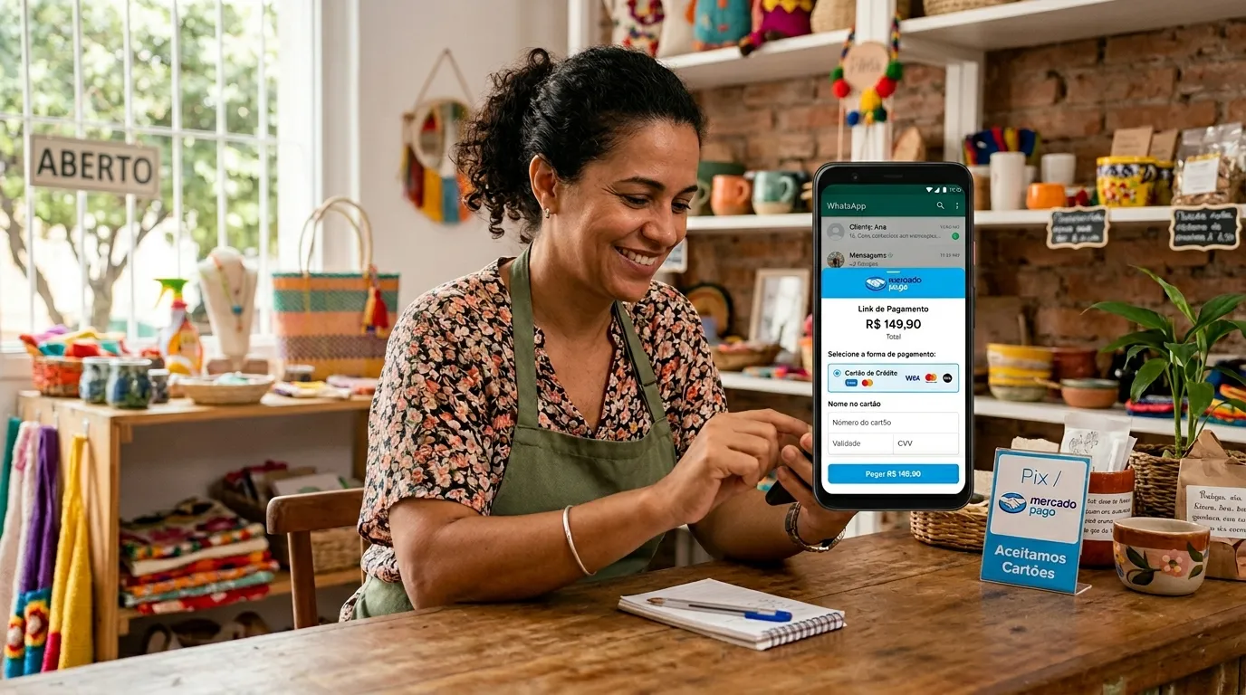 Pessoa vendedora enviando link de pagamento pelo WhatsApp para cliente.
