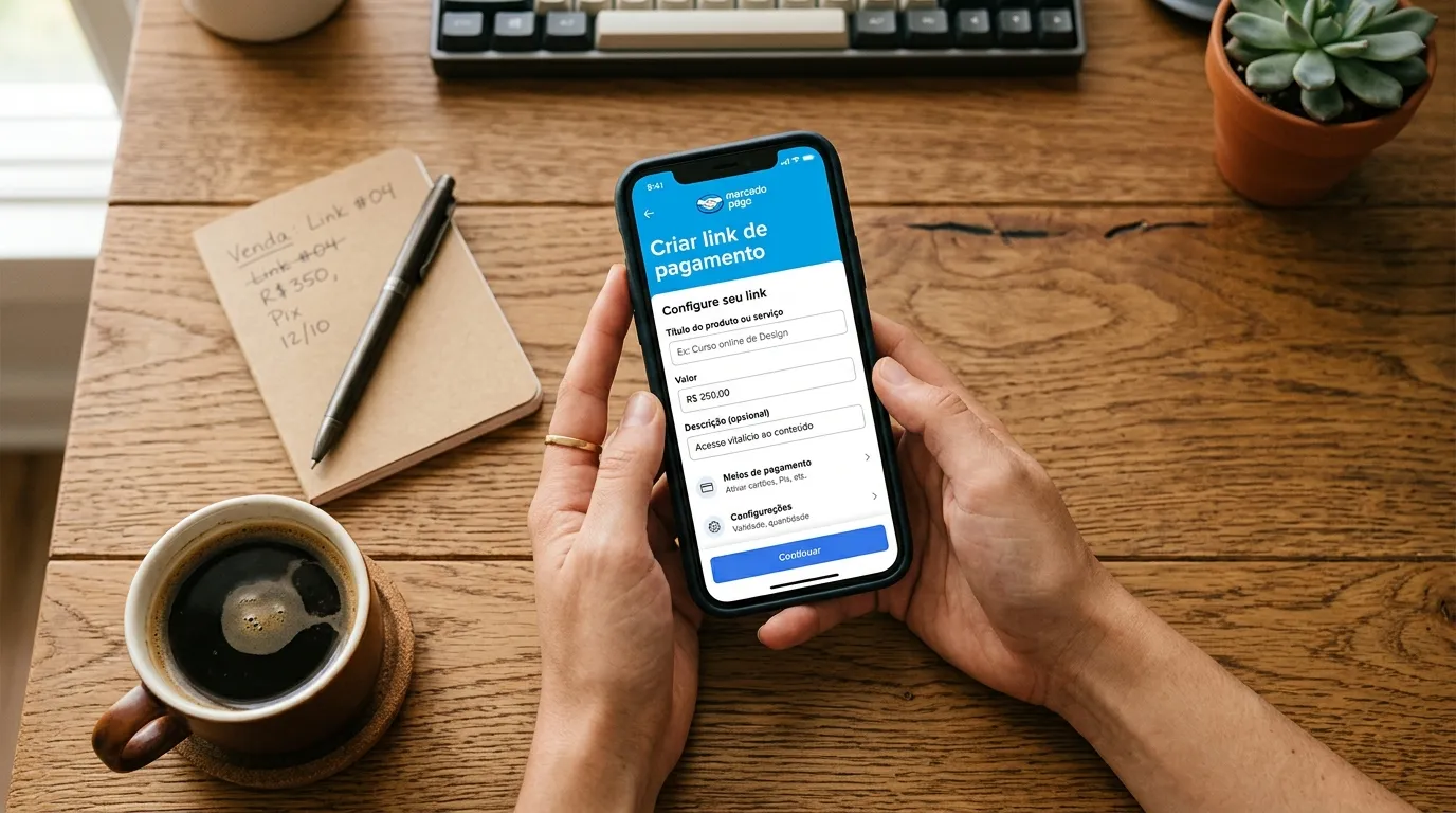 Criação de link de cobrança rápida no app Mercado Pago.