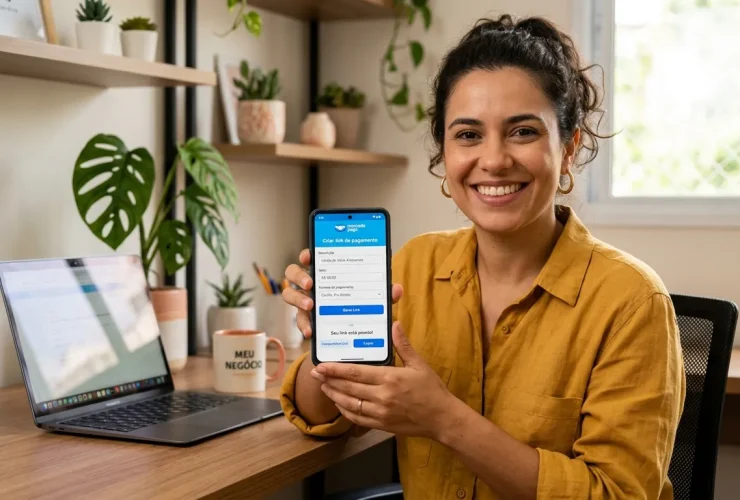 Pessoa gerando link de pagamento com cartão de crédito no celular.