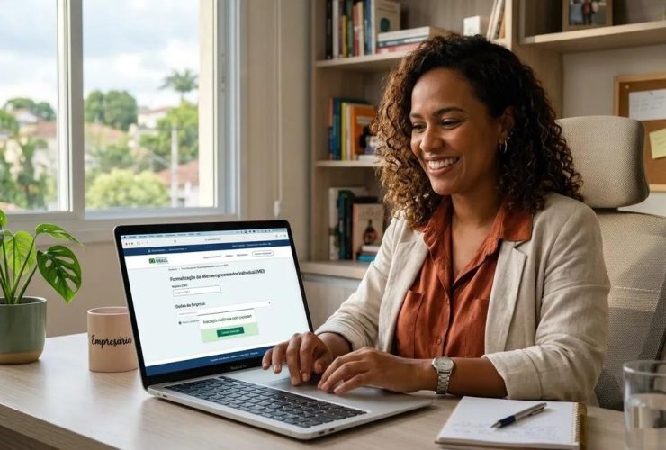 Empreendedora realizando cadastro MEI online no computador