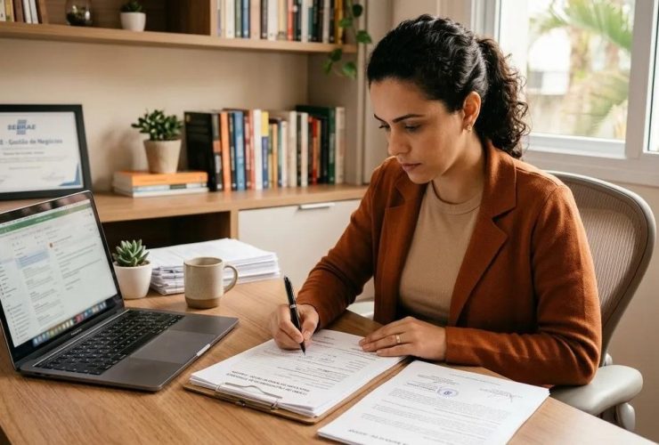 Empreendedora preparando documentos para dar baixa no MEI