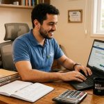 Microempreendedor MEI preparando a declaração DASN-SIMEI no computador