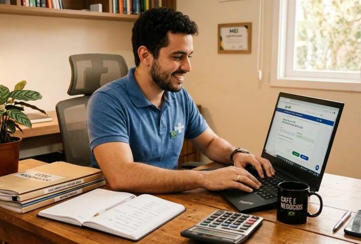 Microempreendedor MEI preparando a declaração DASN-SIMEI no computador