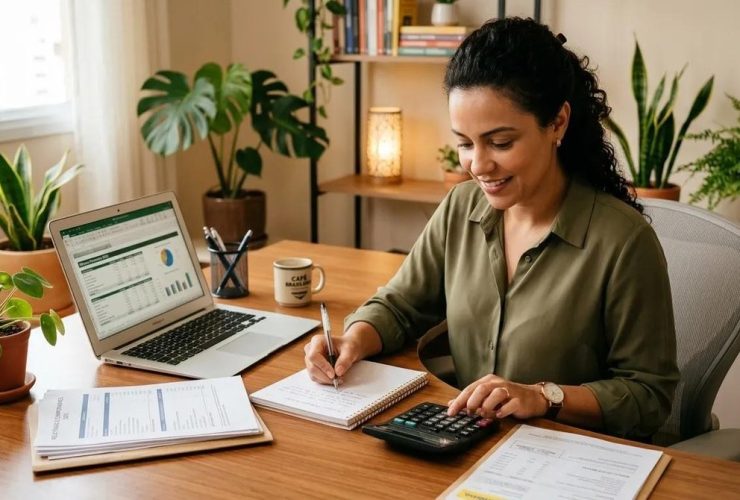 Profissional calculando patrimônio líquido em mesa organizada