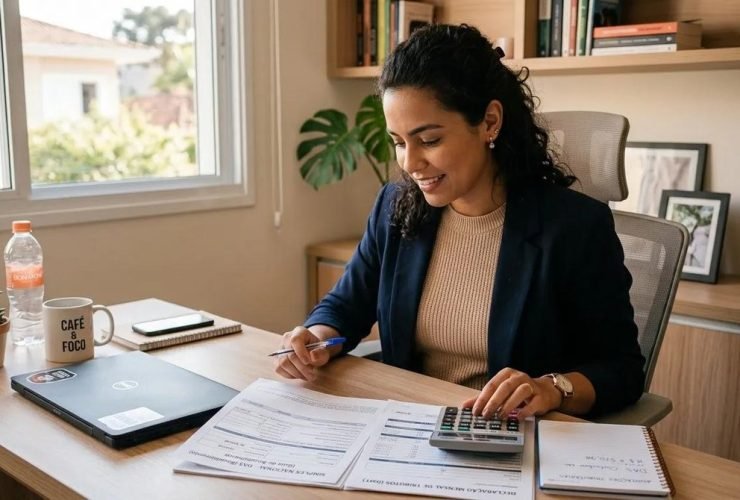 mulher calcula o valor mensal de impostos para organização financeira