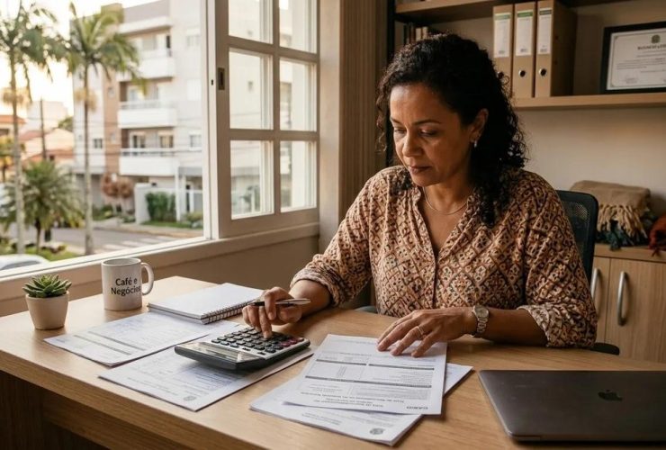 Empresária organizando documentos do Simples Nacional em mesa de trabalho