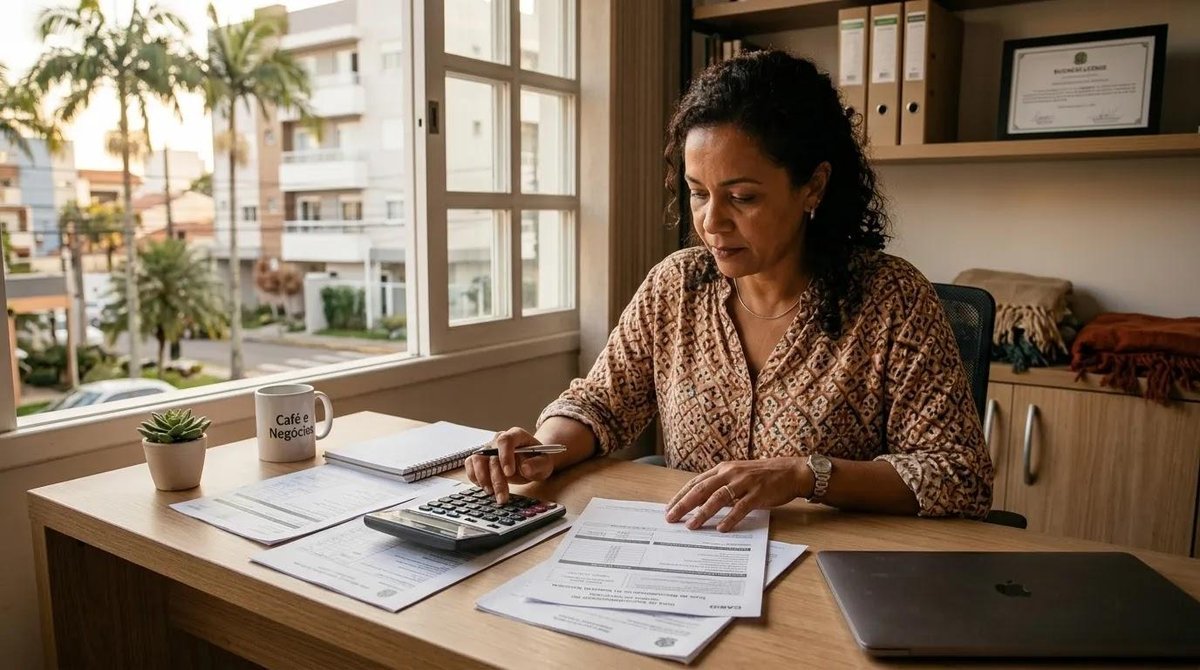 Empresária organizando documentos do Simples Nacional em mesa de trabalho