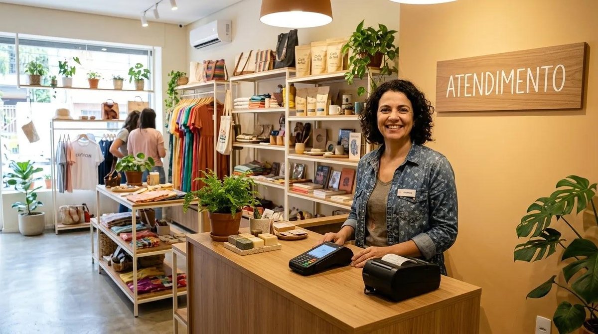 comerciante no balcão do seu negócio