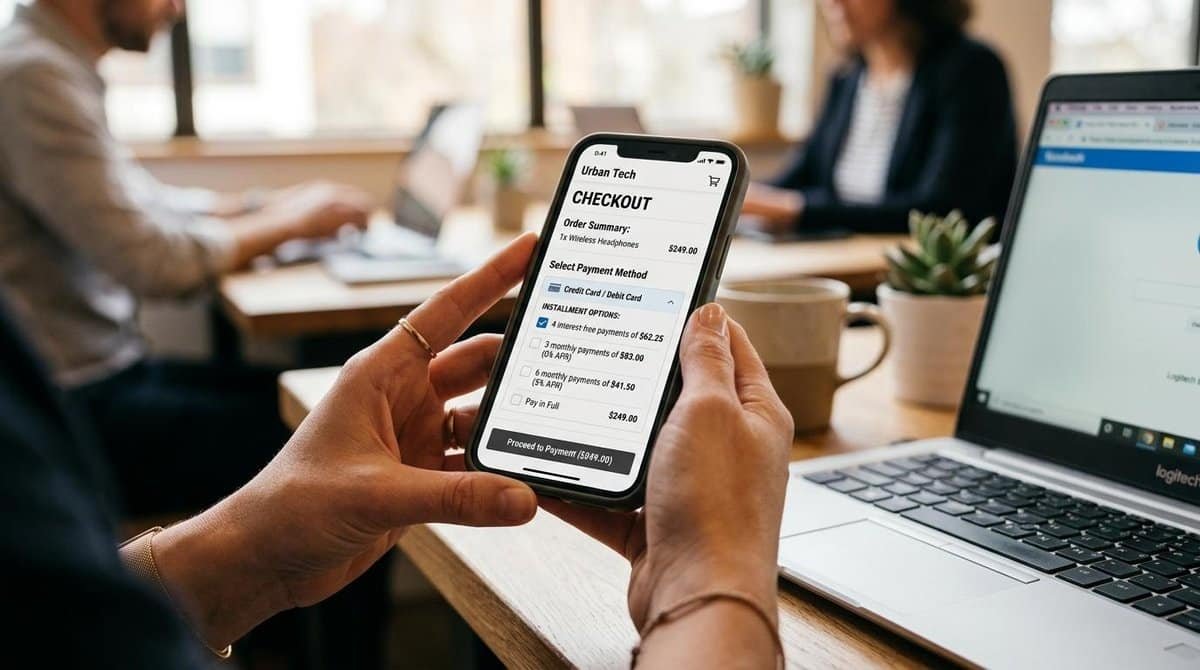 Pessoa criando um link de pagamento parcelado no Mercado Pago, configurando condições de parcelamento para oferecer mais opções de pagamento aos clientes.