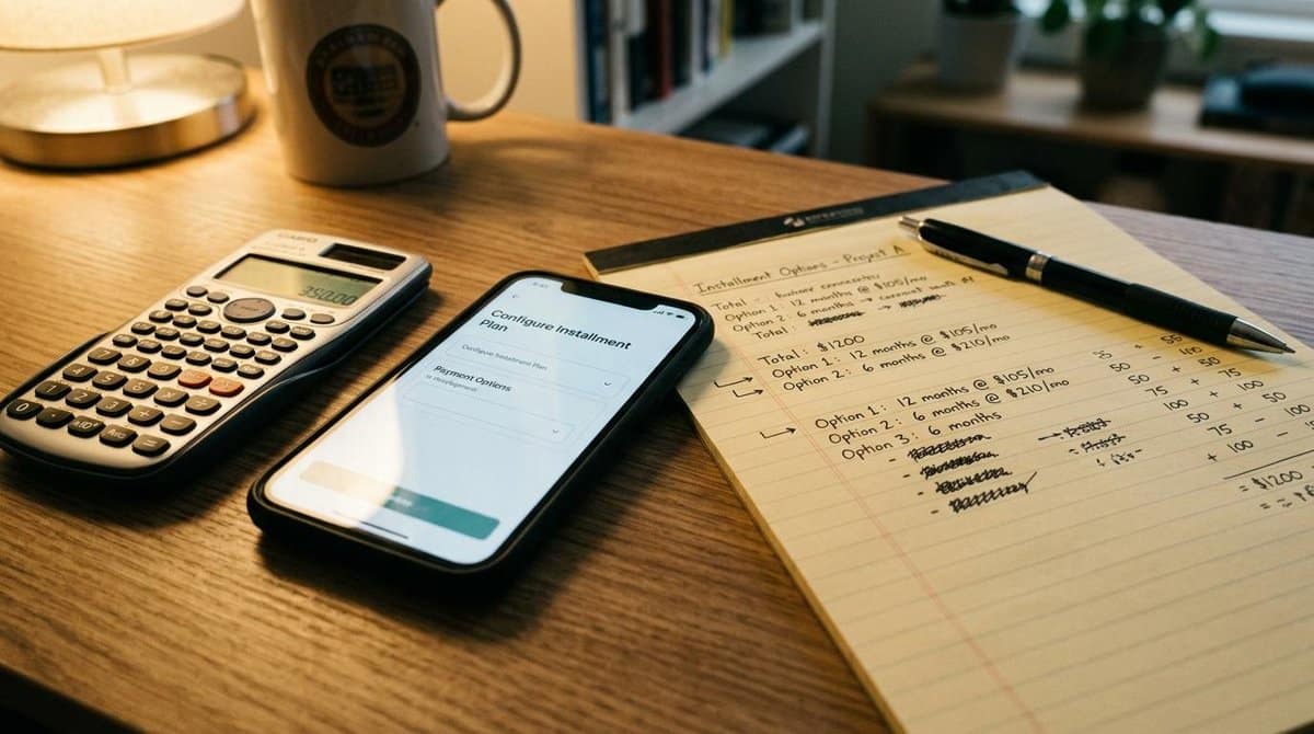 Pessoa configurando opções de parcelamento em um aplicativo, definindo condições de pagamento para oferecer mais flexibilidade aos clientes.