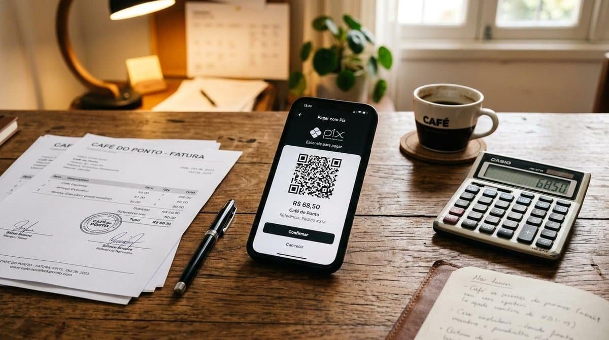Pessoa cadastrando uma chave Pix para um negócio, vinculando dados da empresa para receber pagamentos de forma rápida e segura.