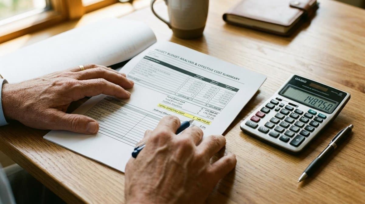 pessoa calcula Custo Efetivo Total Antecipação com planilhas e calculadora na mesa