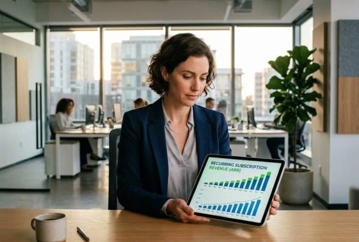 Pessoa avaliando as vantagens de cobrar assinaturas em uma empresa, analisando receitas recorrentes, previsibilidade financeira e fidelização de clientes.