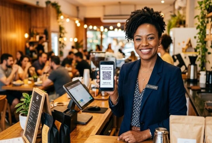 Pessoa cobrando via Pix pelo Mercado Pago, gerando uma cobrança digital e compartilhando os dados de pagamento com clientes de forma rápida e segura.