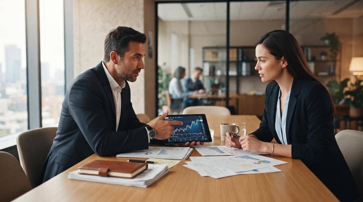 Dois profissionais de negócios discutem opções de pagamento em uma mesa de reunião moderna, com tablets e documentos financeiros sobre a mesa, ambient