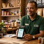 Pessoa segurando uma maquininha Point Smart 2 enquanto realiza uma venda em uma feira ao ar livre