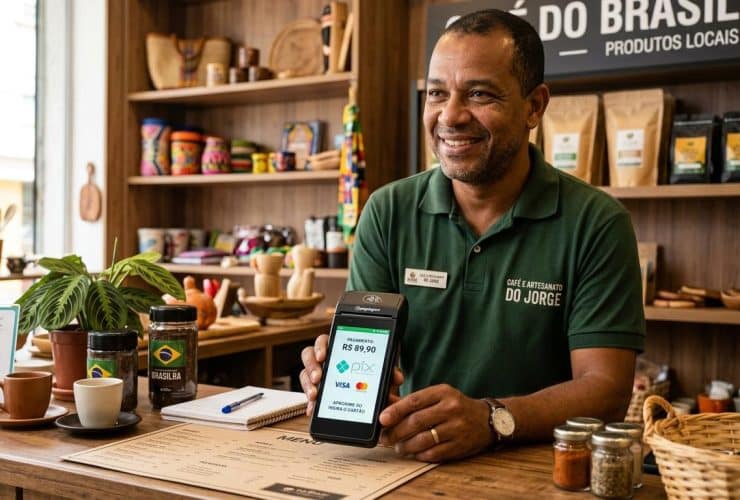 Pessoa segurando uma maquininha Point Smart 2 enquanto realiza uma venda em uma feira ao ar livre