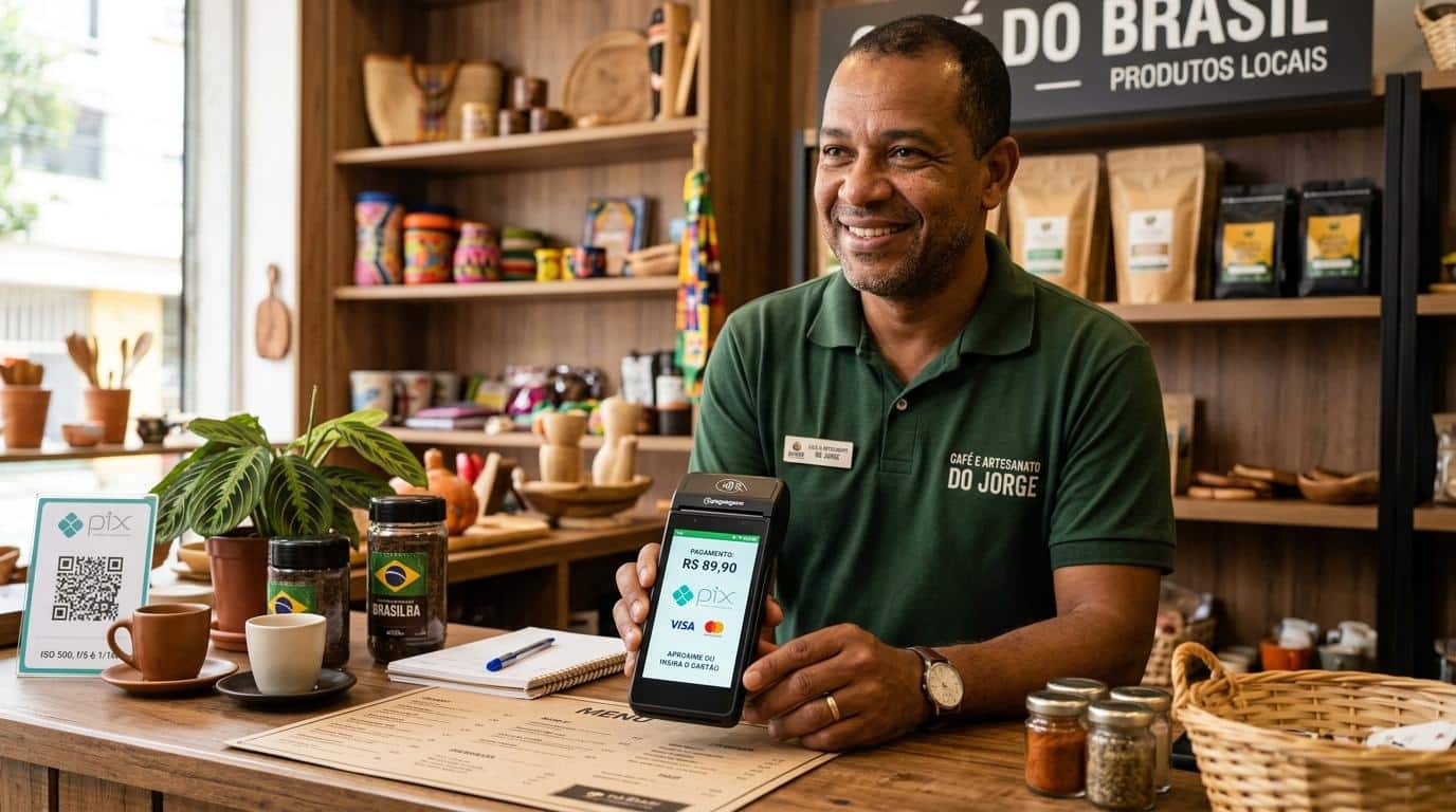 Pessoa segurando uma maquininha Point Smart 2 enquanto realiza uma venda em uma feira ao ar livre