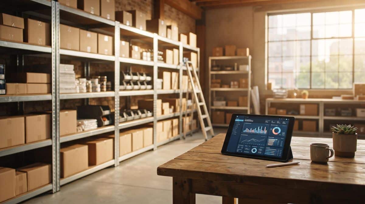 Um pequeno armazém de empresa com prateleiras organizadas e um tablet sobre a mesa exibindo um painel de controle de estoque, banhado por luz solar