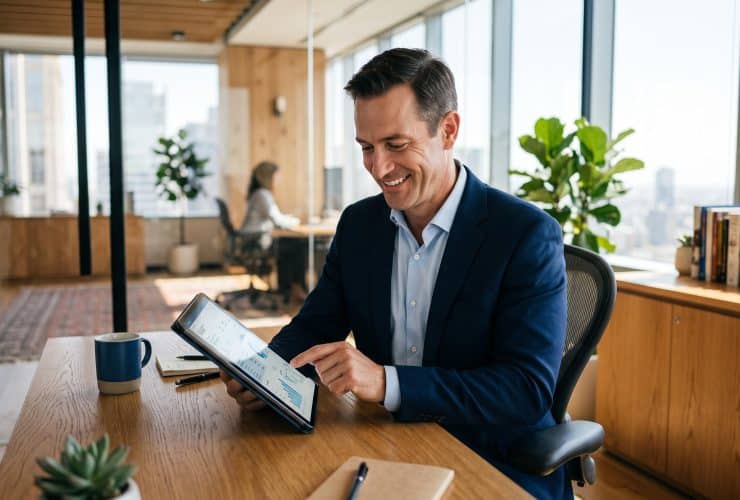 Pessoa usando tablet para gerar um link de pagamento parcelado destinado a um cliente empresarial