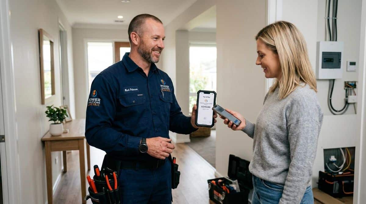 Um eletricista profissional uniformizado segura um iPhone após concluir um reparo em uma residência moderna, mostrando a tela para o cliente fazer