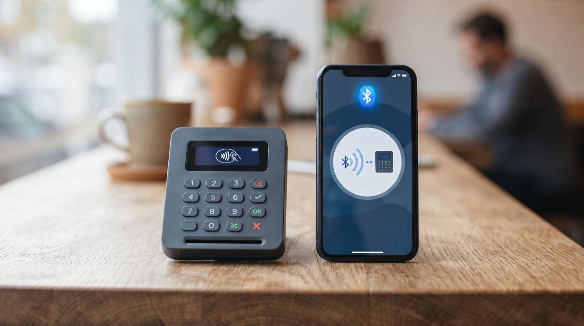 Detalhe de uma maquininha de cartão e um smartphone lado a lado sobre uma bancada, com a tela do celular exibindo ícones de conexão e sinal
