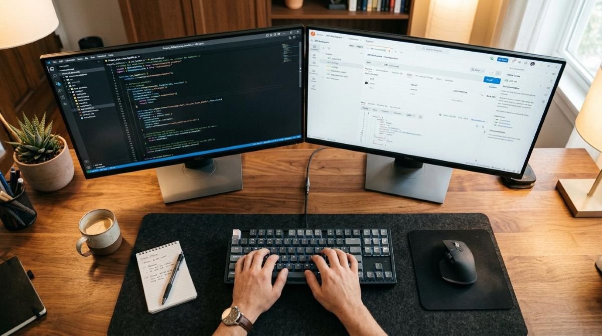Visão de cima de um teclado moderno e mãos digitando, com dois monitores ao fundo exibindo linhas de código e painéis de configuração de API
