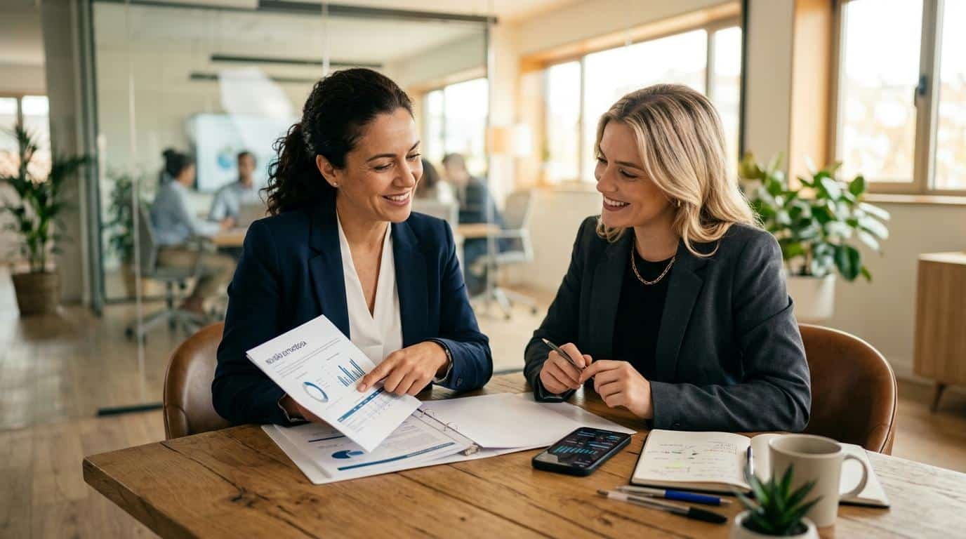 Duas profissionais de negócios em um ambiente de escritório moderno revisando documentos e um smartphone sobre uma mesa de madeira clara