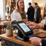 Pessoa configurando o emissor de NFC-e em uma maquininha Point Smart 2 em um balcão de loja