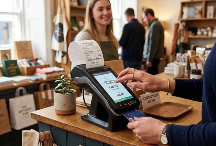 Pessoa configurando o emissor de NFC-e em uma maquininha Point Smart 2 em um balcão de loja