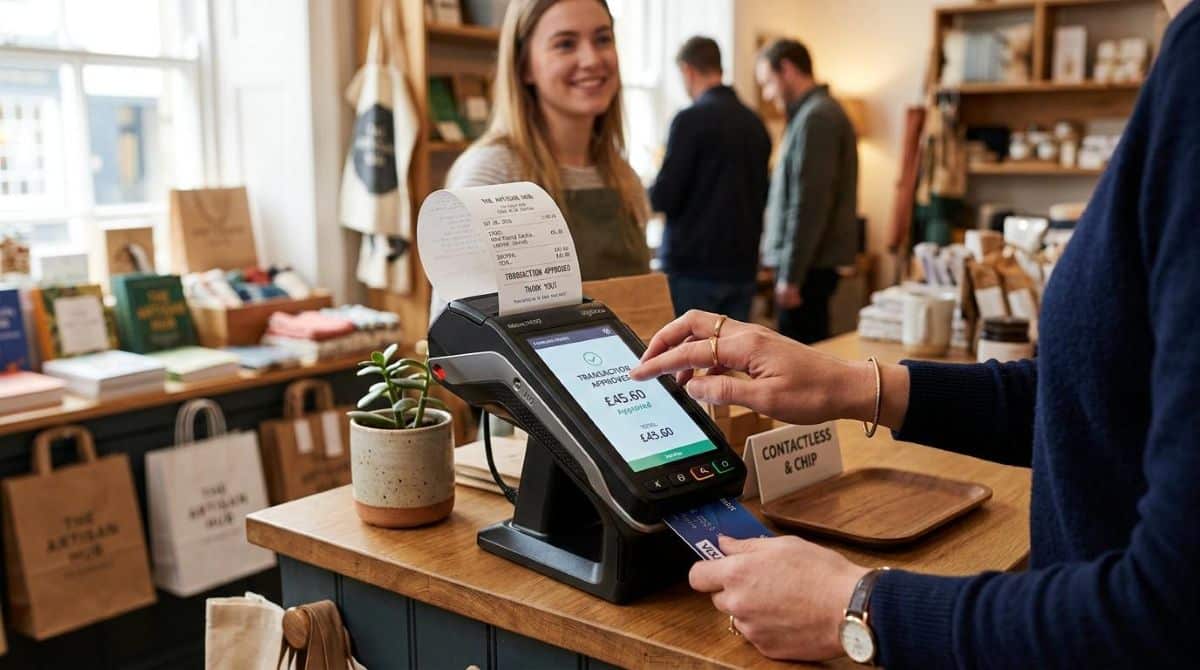 Pessoa configurando o emissor de NFC-e em uma maquininha Point Smart 2 em um balcão de loja