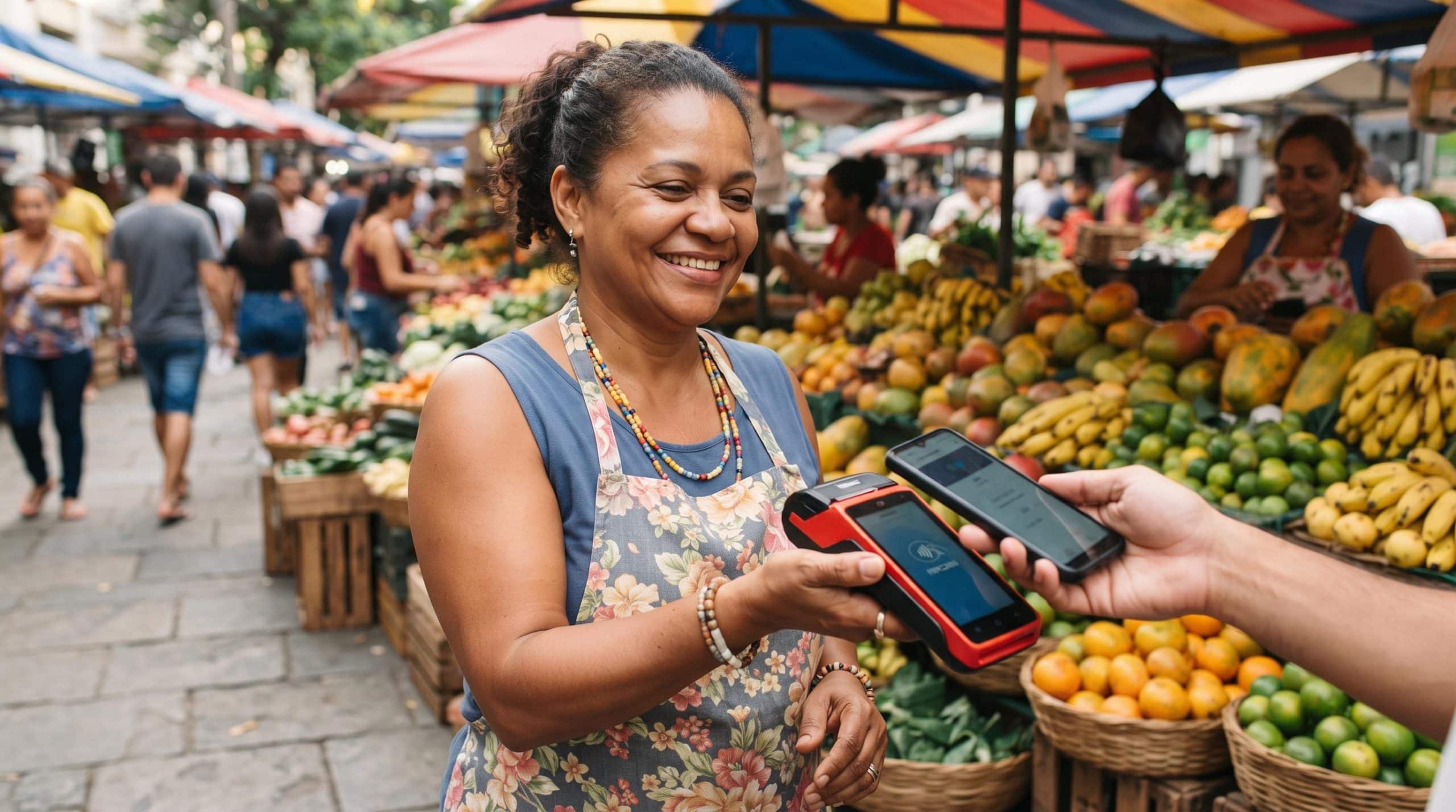 Uma vendedora em uma feira de rua brasileira processando um pagamento por aproximação em um terminal portátil, com barracas coloridas e produtos fresc