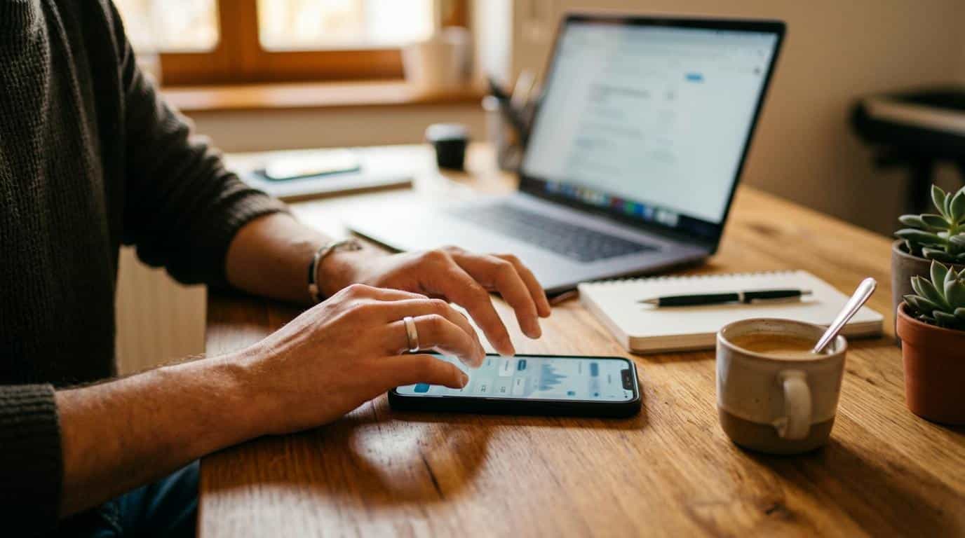 Mãos de uma pessoa digitando em um smartphone moderno sobre uma mesa de trabalho organizada, com um laptop desfocado ao fundo