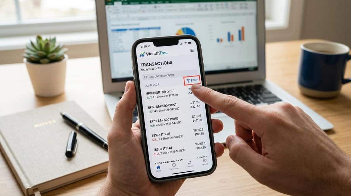 Close-up de smartphone aberto em aplicativo financeiro, com dedo indicando opção de filtro na tela