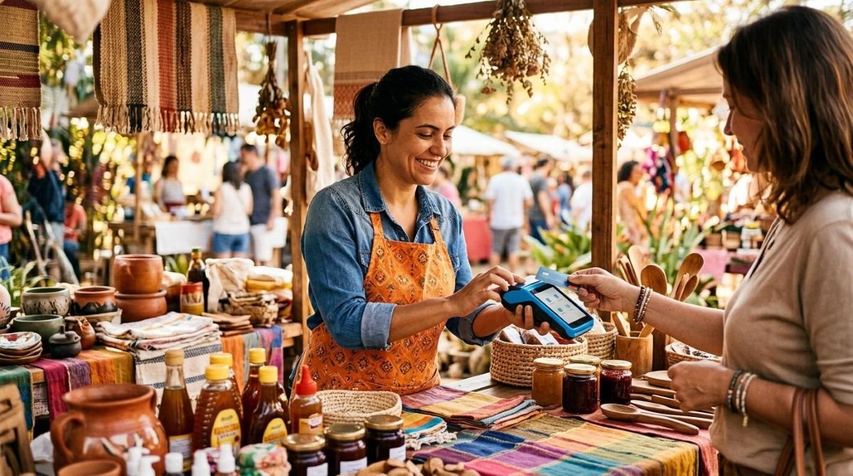 Feirante em um estande de produtos artesanais passando um cartão em uma maquininha de pagamentos portátil