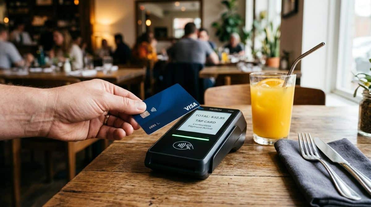 Close-up de mão segurando cartão aproximando de uma maquininha de pagamento moderna em cima de mesa de restaurante, copo de suco e guardanapo ao lado