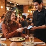 Pessoa realizando cobrança com maquininha em mesa de restaurante movimentado