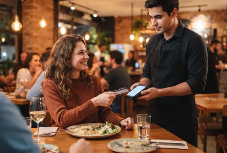 Pessoa realizando cobrança com maquininha em mesa de restaurante movimentado