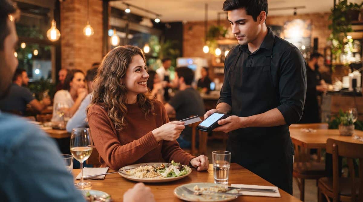 Pessoa realizando cobrança com maquininha em mesa de restaurante movimentado