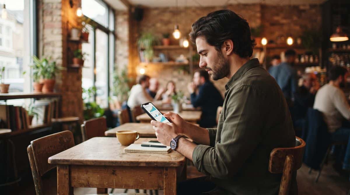 Empreendedor sentado em um café moderno analisando gráficos de vendas no seu smartphone