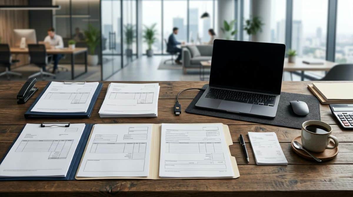 Conjunto de documentos fiscais organizados sobre uma mesa de escritório moderno, incluindo certificado digital e formulários, com uma xícara de café