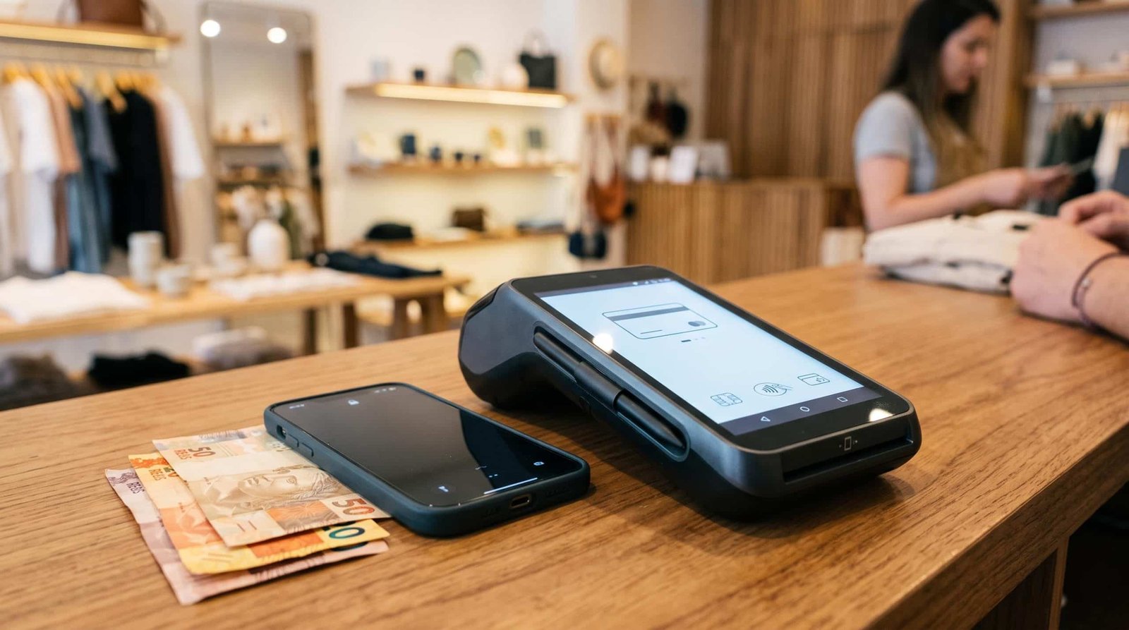 Vista em close de um terminal de cartão elegante com tela touchscreen sensível ao toque sobre uma superfície de madeira, ao lado de um smartphone e al