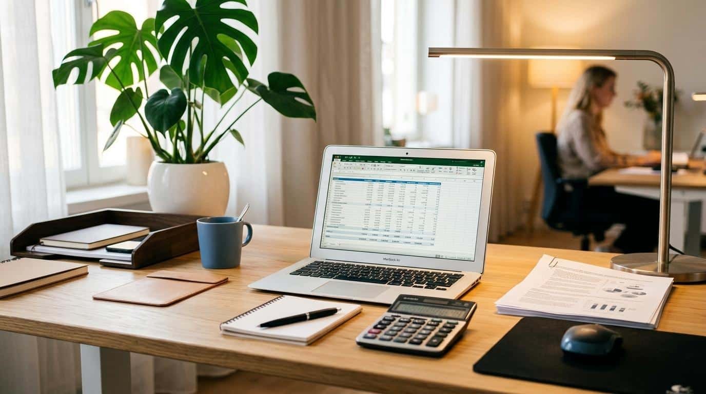 Mesa de escritório organizada com notebook aberto mostrando planilhas de custos trabalhistas, calculadora e documentos impressos, iluminação quente e