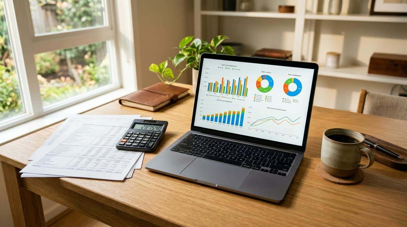 Mesa de trabalho organizada com calculadora, planilhas financeiras impressas, notebook aberto mostrando demonstrativos de lucro líquido e caneca de ca