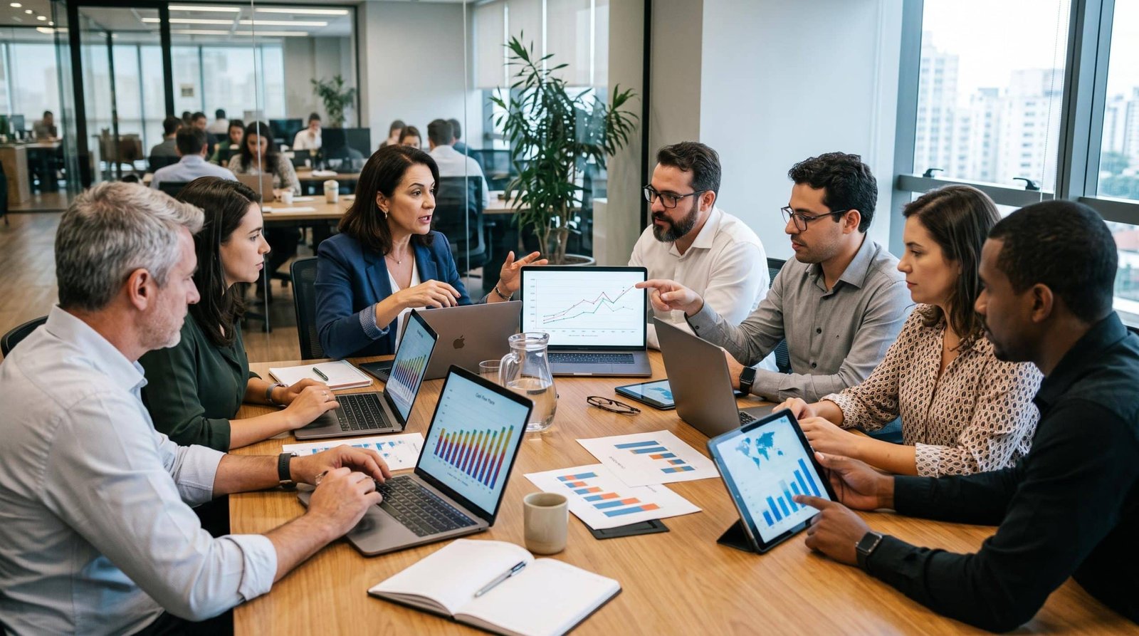 Equipe de gestão reunida em volta de uma mesa analisando gráficos de fluxo de caixa e projeções financeiras em tablets e notebooks, ambiente corporati