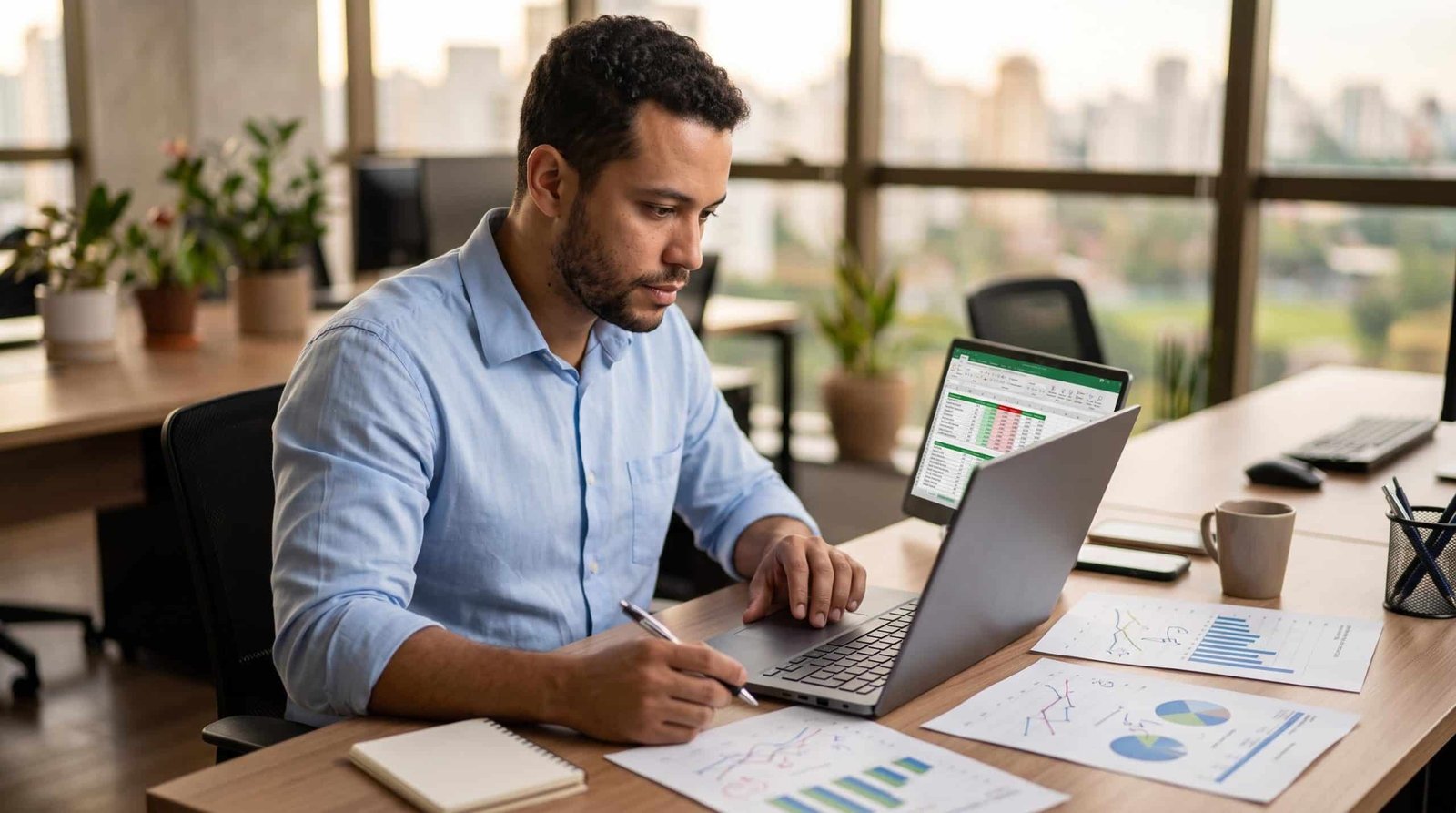 Empreendedor brasileiro analisando uma planilha de fluxo de caixa em um laptop aberto sobre uma mesa de escritório organizada, com gráficos impressos