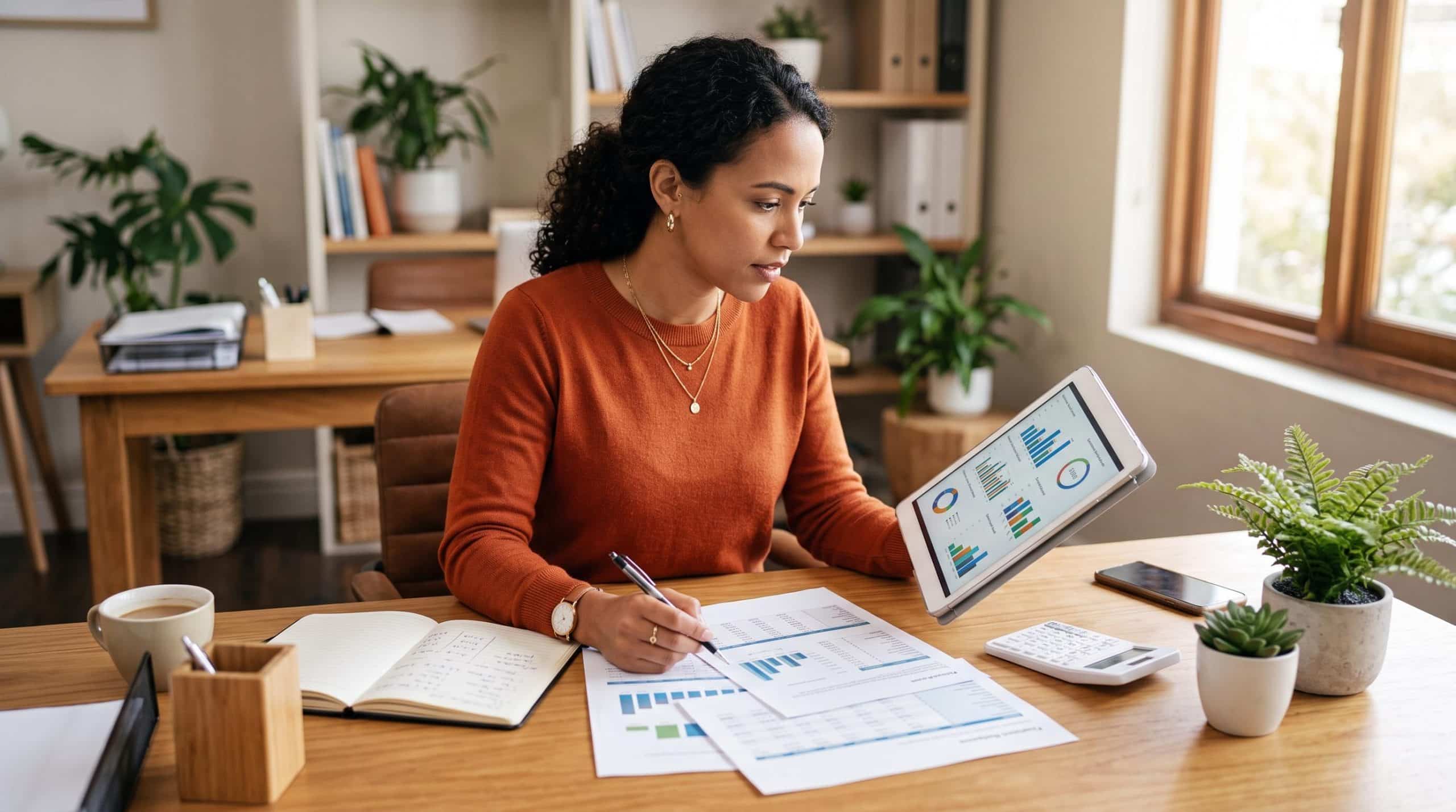 Pessoa empreendedora revisando documentos financeiros e indicadores de desempenho do negócio em um tablet, com calculadora e relatórios impressos ao l