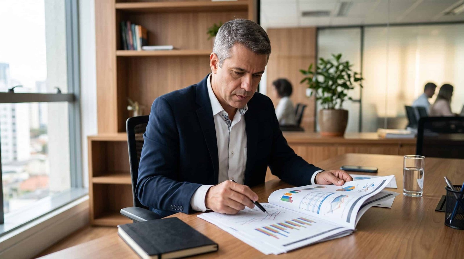 Gestor analisando relatório financeiro impresso com gráficos e tabelas em uma mesa de trabalho organizada, ambiente corporativo limpo com tons quentes
