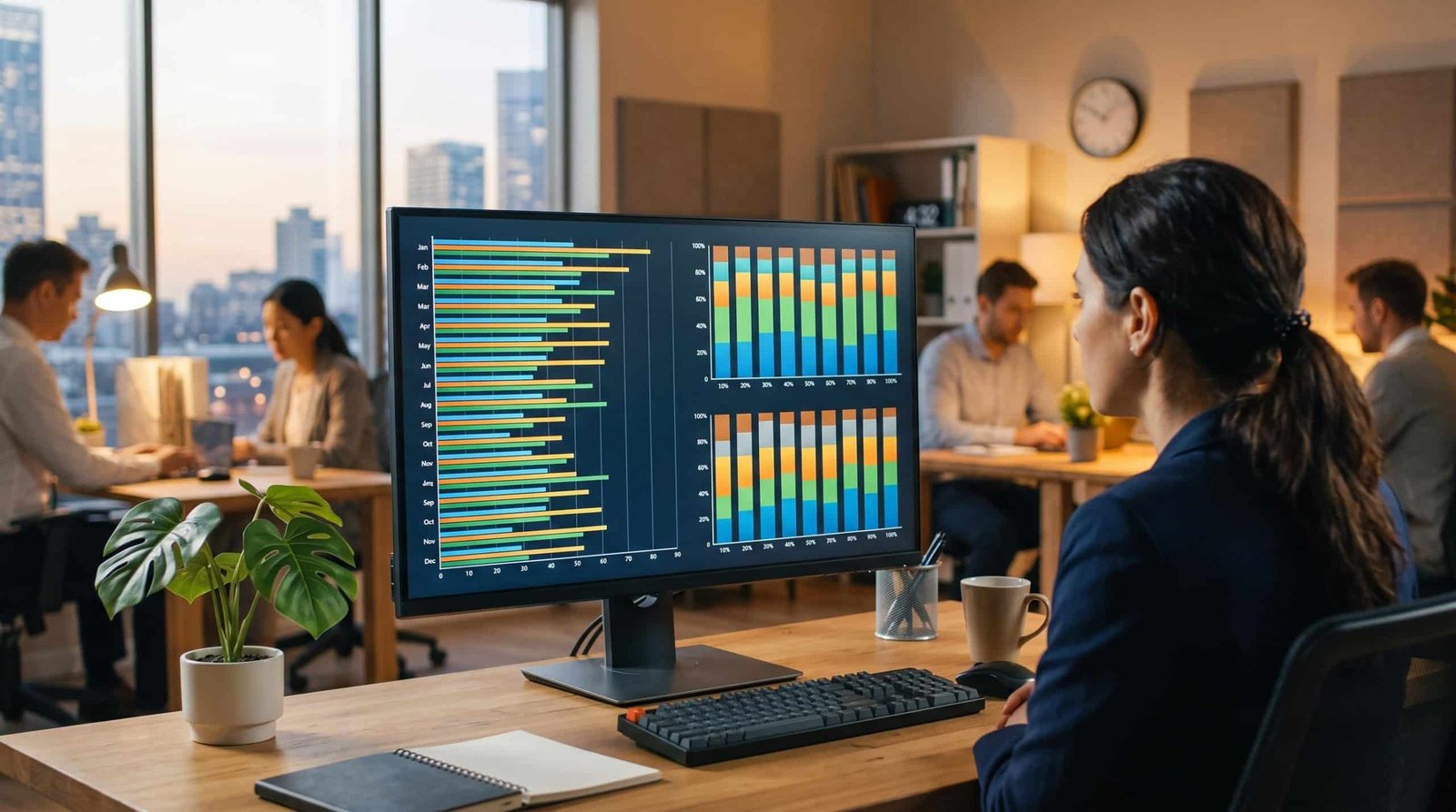 Tela de computador exibindo análise vertical e horizontal de uma DRE com gráficos de barras e comparativos percentuais, em um escritório moderno com t