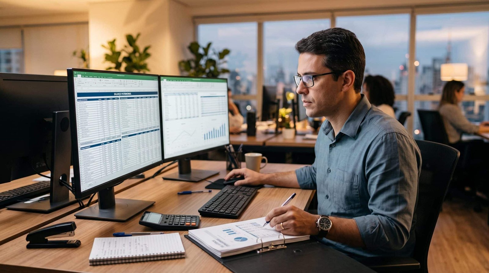 Profissional financeiro brasileiro revisando relatórios de balanço patrimonial em uma tela de computador, com pasta de documentos e calculadora ao lad